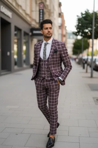 Costum barbati slim fit grena in carouri B7916 10-4